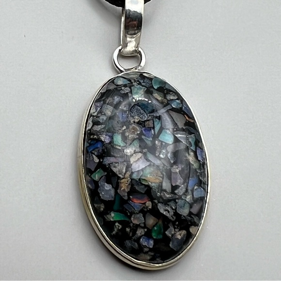 New Ethiopian Opal Silver Overlay Pendant Necklace With Cord - Picture 5 of 5